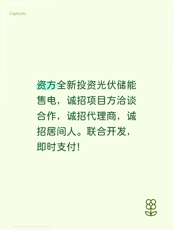 资方全新投资光伏储能售电，诚招项目方洽谈合作，诚招代理商，诚招居间人。联合开发，即时支付！